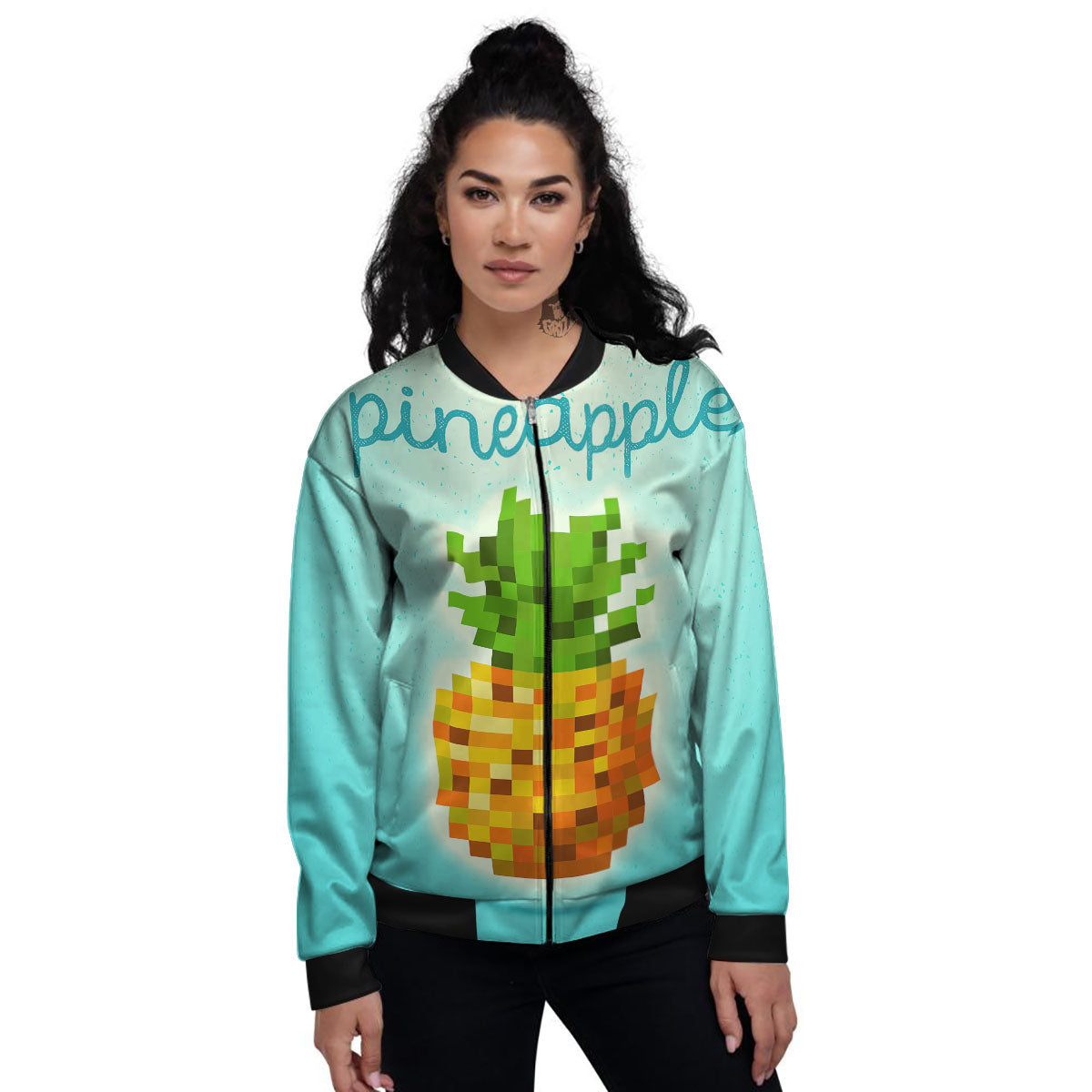 Pineapple 8-Bit Pixel Print Women's Bomber Jacket-grizzshop