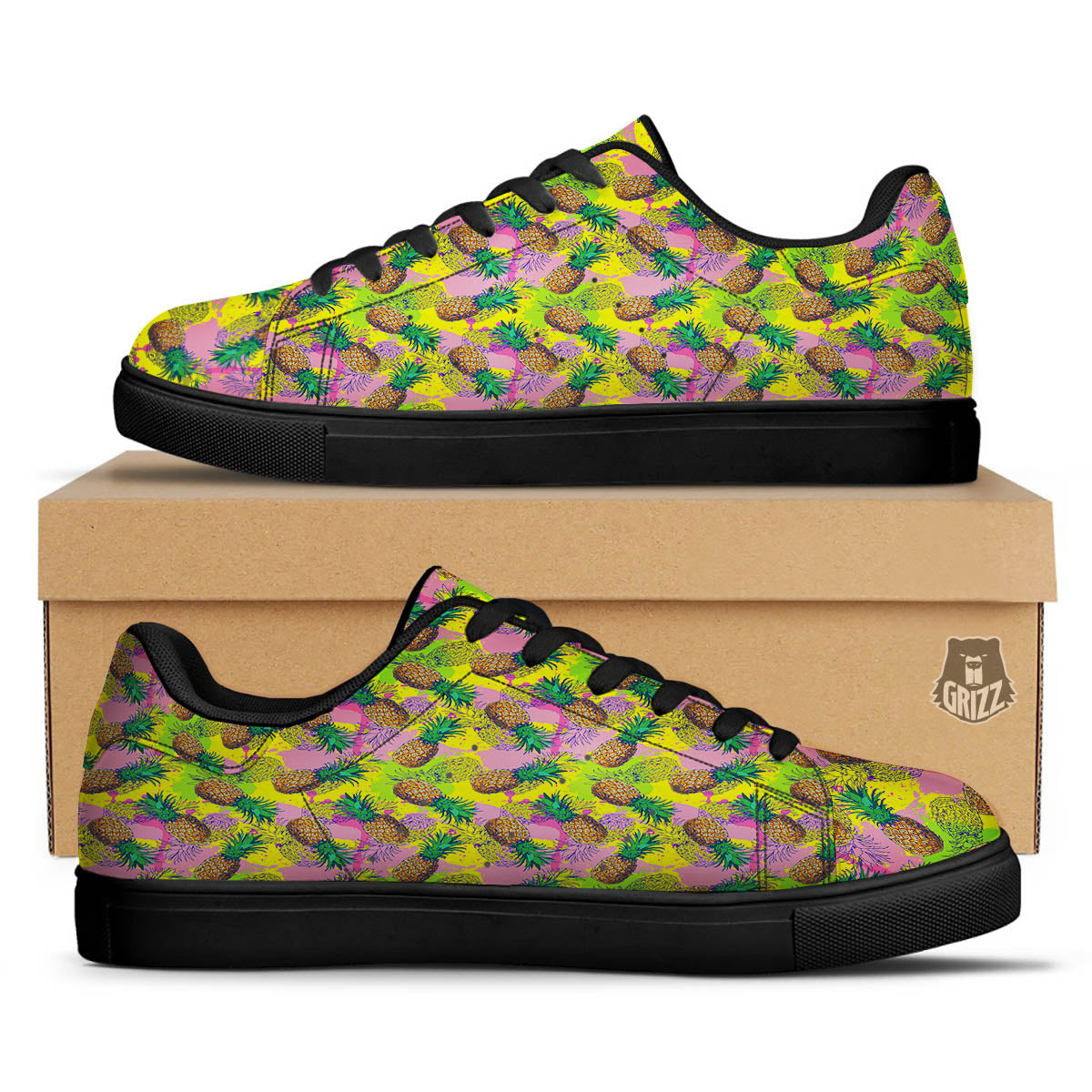 Pineapple Aloha Colorful Print Pattern Black Low Top Sneakers-grizzshop