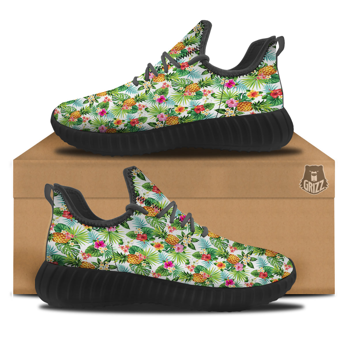 Pineapple Aloha Hawaiian Print Pattern Black Walking Shoes-grizzshop