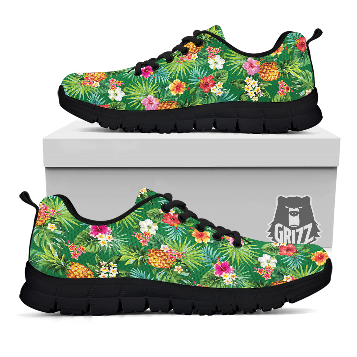 Pineapple Aloha Hibiscus Print Pattern Black Sneaker-grizzshop