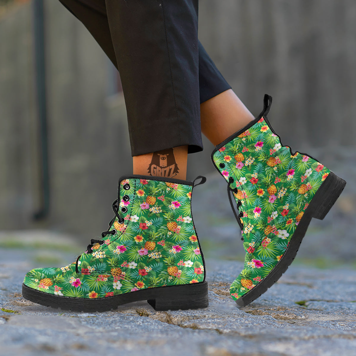 Pineapple Aloha Hibiscus Print Pattern Leather Boots-grizzshop