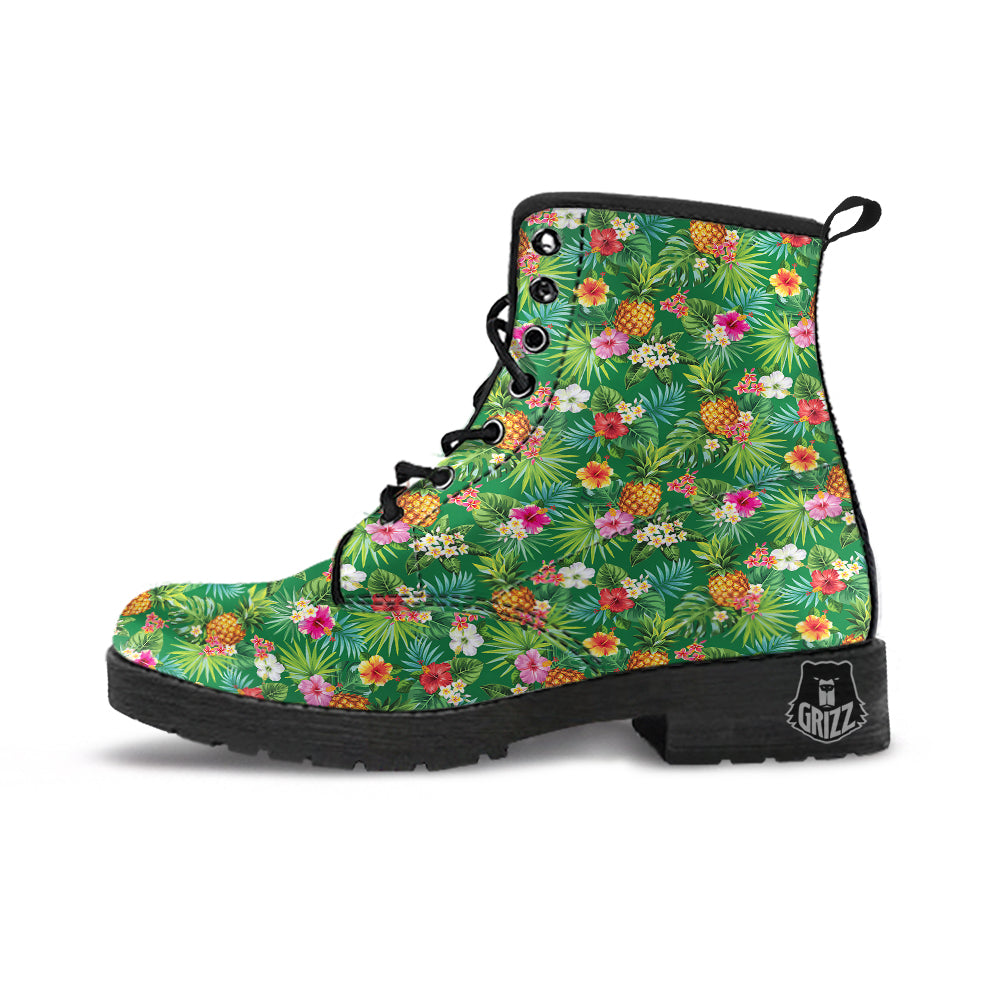 Pineapple Aloha Hibiscus Print Pattern Leather Boots-grizzshop