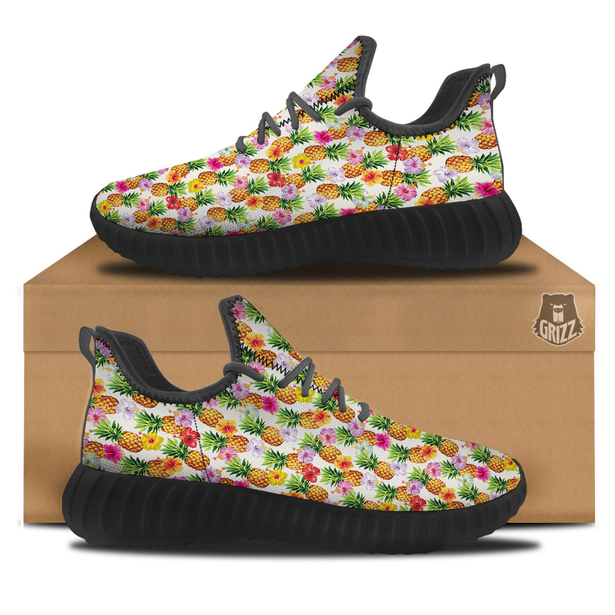 Pineapple Aloha Summer Print Pattern Black Walking Shoes-grizzshop