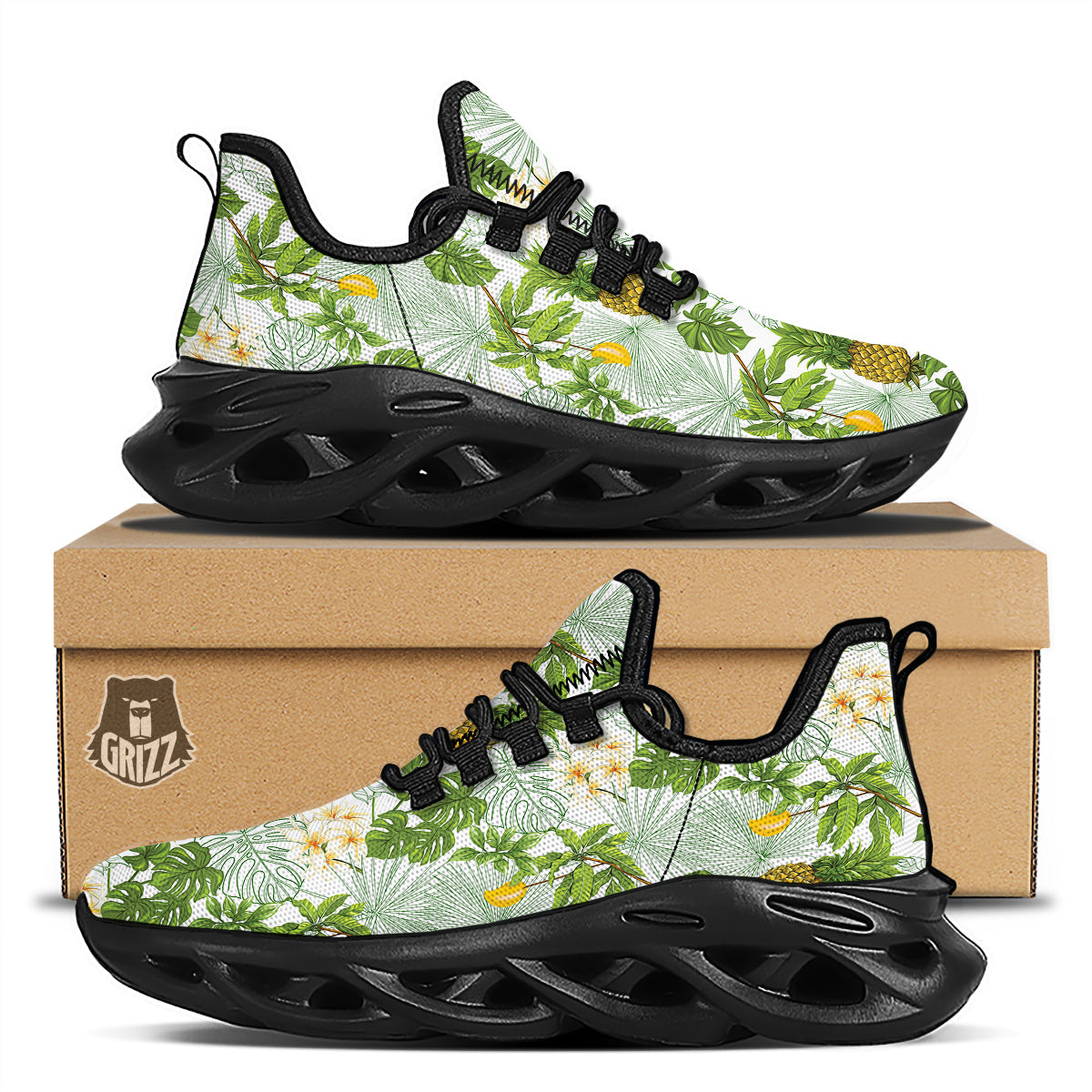 Pineapple Aloha White Print Pattern Black Running Shoes-grizzshop