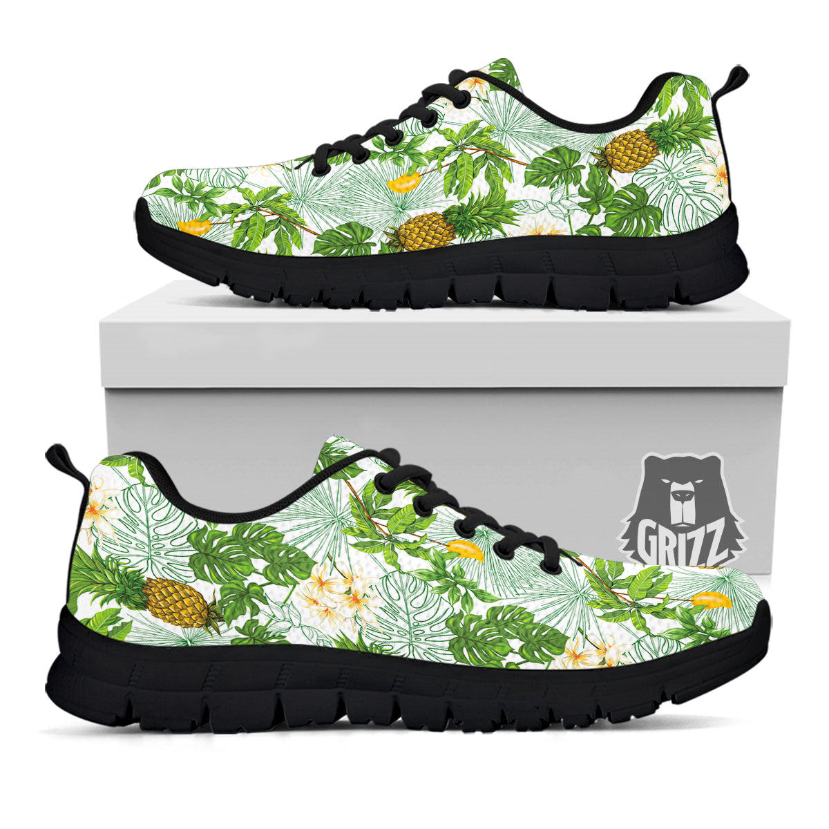 Pineapple Aloha White Print Pattern Black Sneaker-grizzshop