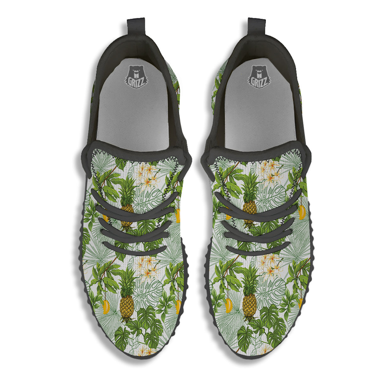 Pineapple Aloha White Print Pattern Black Walking Shoes-grizzshop