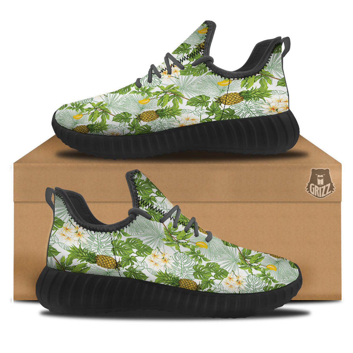 Pineapple Aloha White Print Pattern Black Walking Shoes-grizzshop