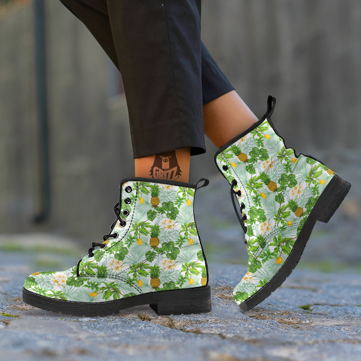 Pineapple Aloha White Print Pattern Leather Boots-grizzshop