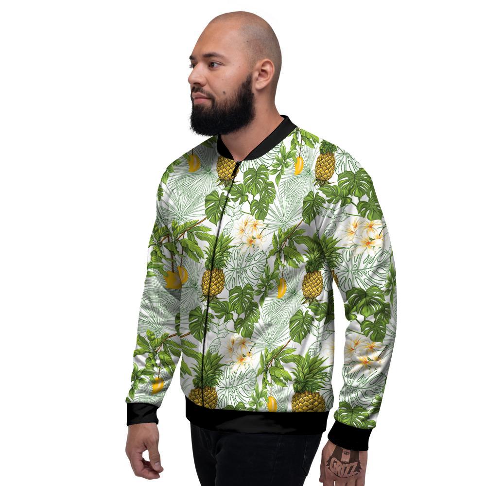 Pineapple Aloha White Print Pattern Men's Bomber Jacket-grizzshop