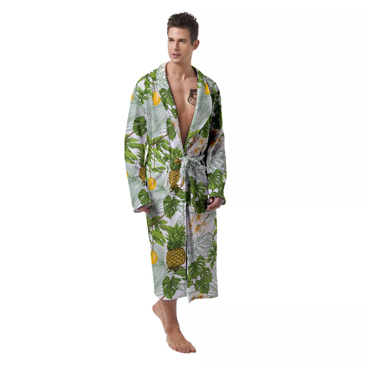 Pineapple Aloha White Print Pattern Men's Robe-grizzshop