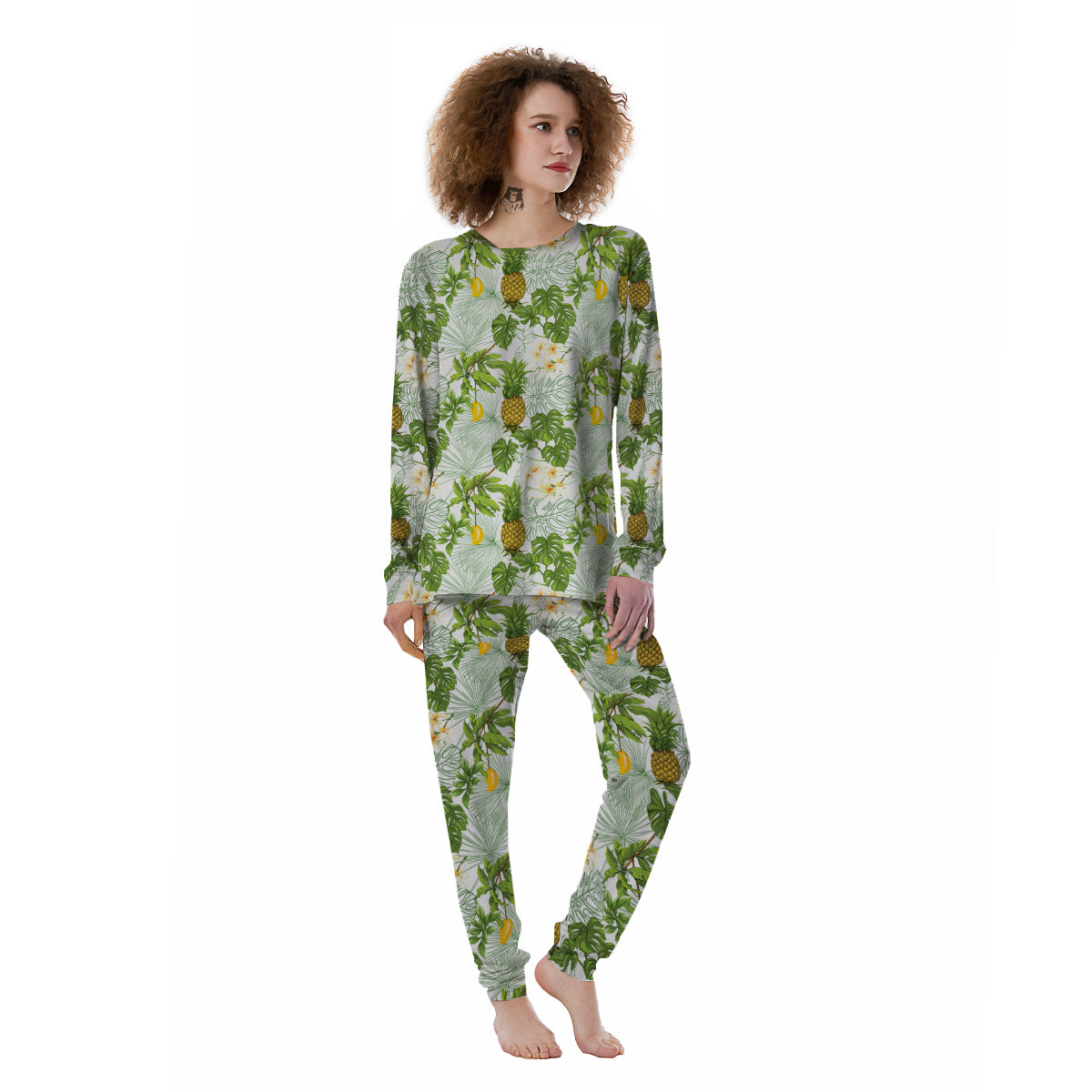 Pineapple Aloha White Print Pattern Women's Pajamas-grizzshop