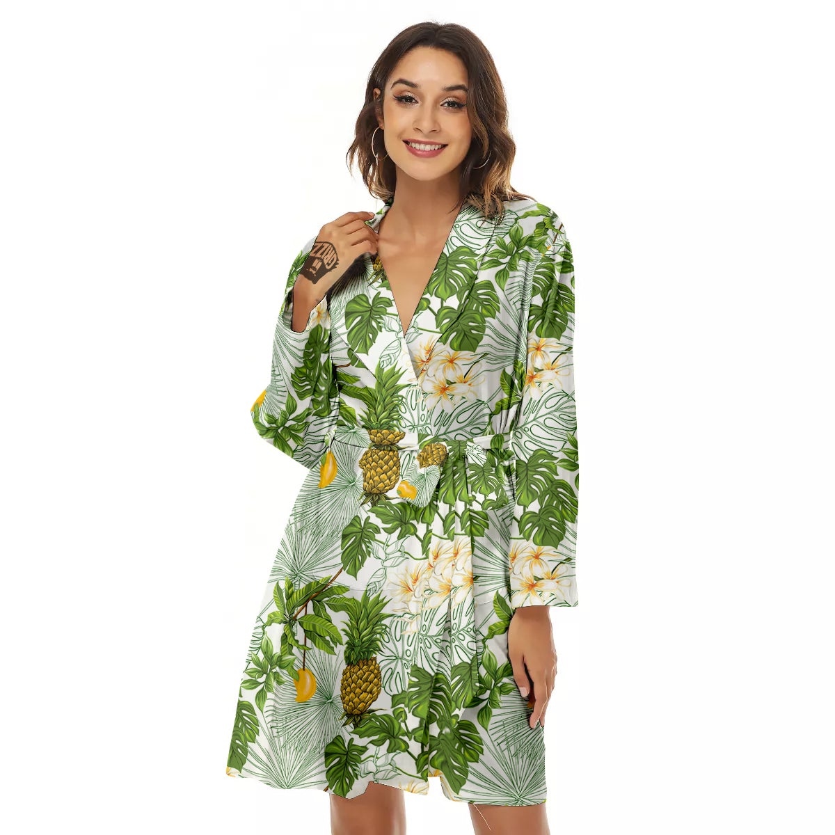 Pineapple Aloha White Print Pattern Women's Robe-grizzshop