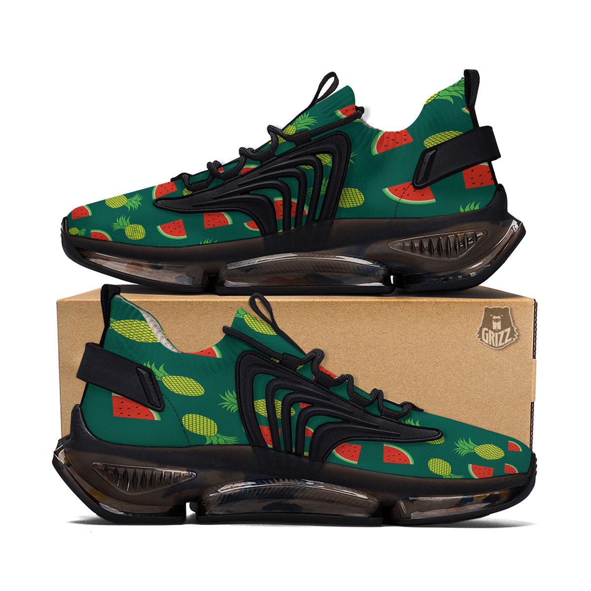 Pineapple And Tropical Watermelon Print Pattern Black Gym Shoes-grizzshop