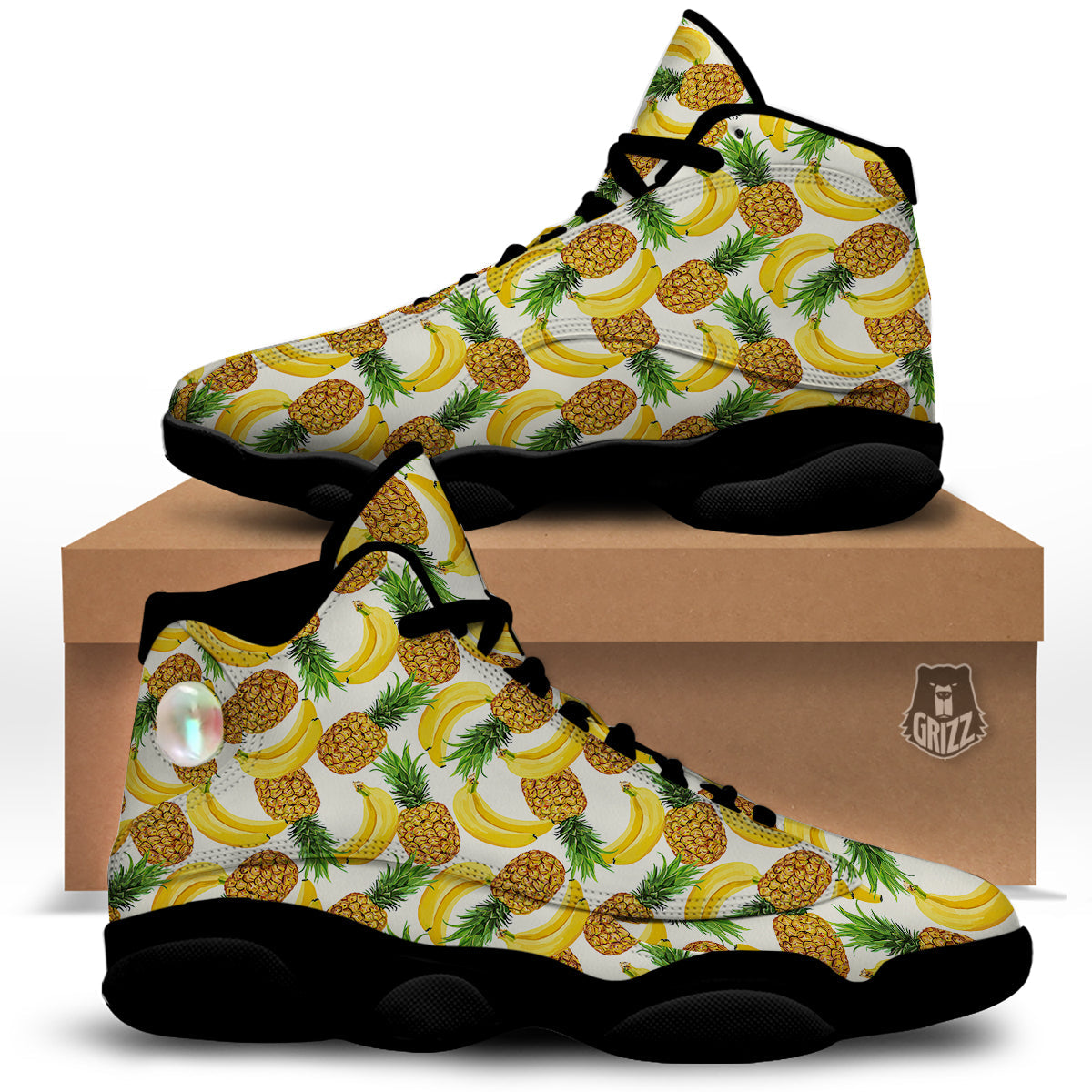 Pineapple Banana Print Pattern Black Basketball Shoes-grizzshop