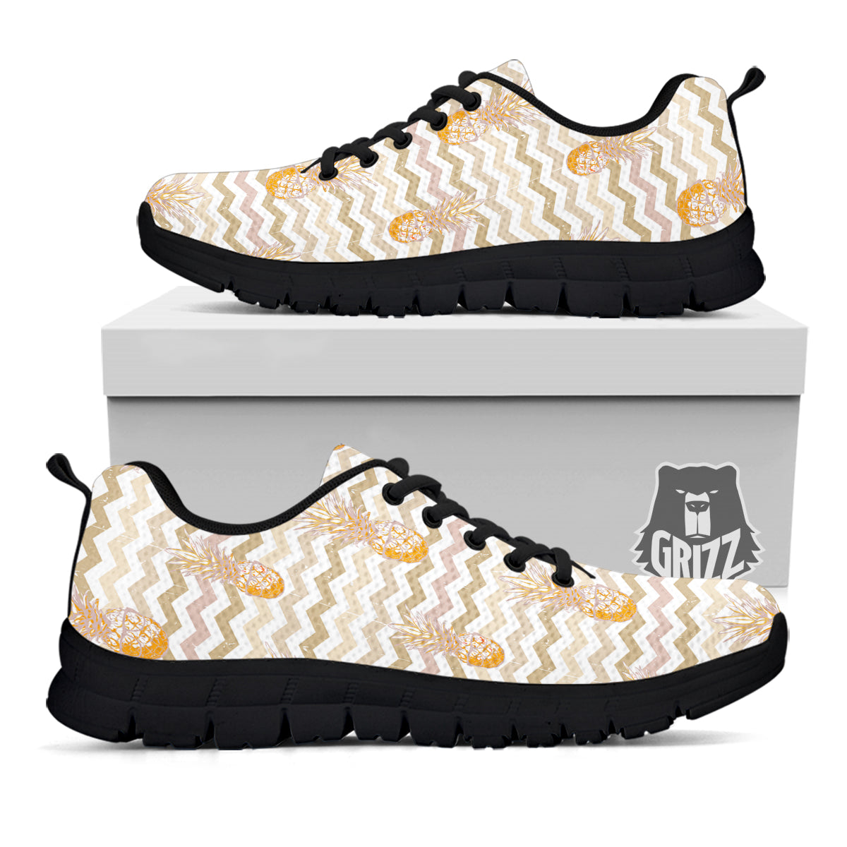 Pineapple Beige Zig Zag Print Pattern Black Sneaker-grizzshop