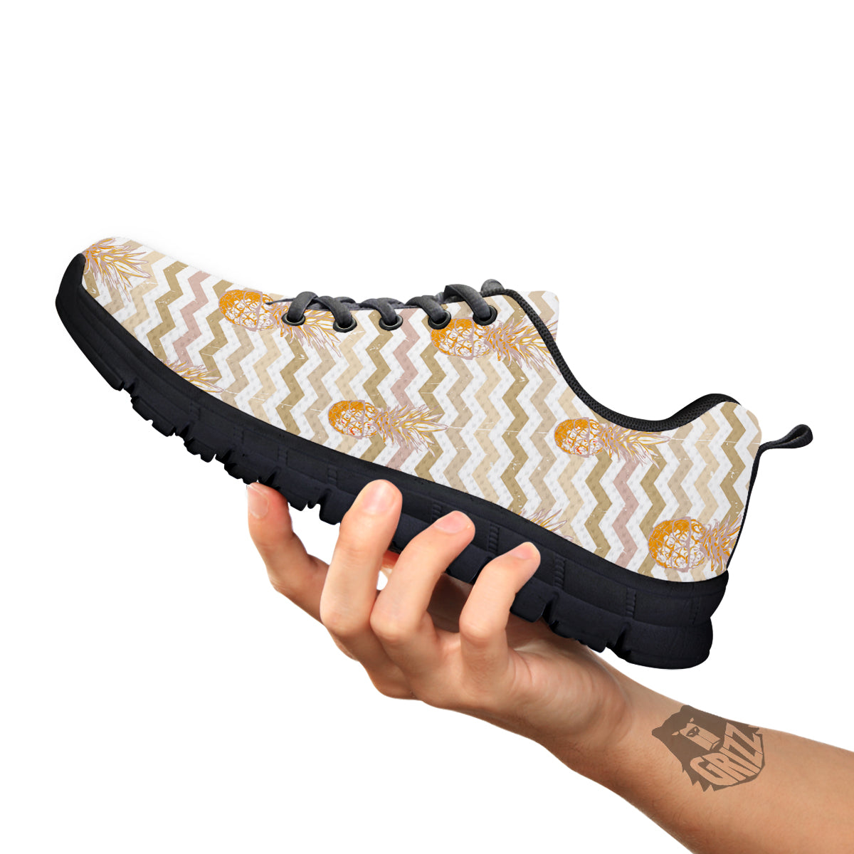 Pineapple Beige Zig Zag Print Pattern Black Sneaker-grizzshop
