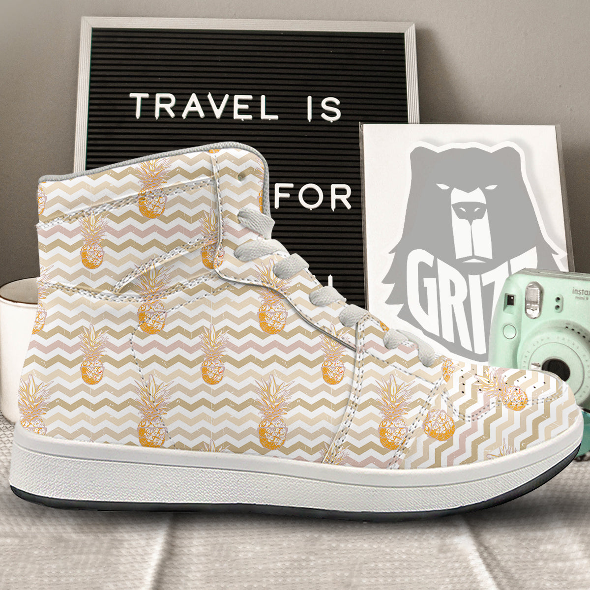 Pineapple Beige Zig Zag Print Pattern High Top Sneakers-grizzshop