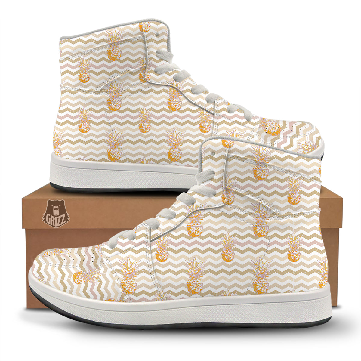 Pineapple Beige Zig Zag Print Pattern High Top Sneakers-grizzshop