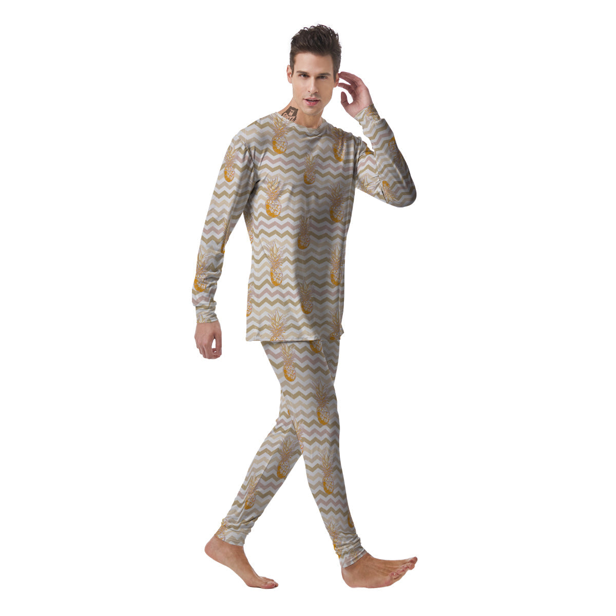 Pineapple Beige Zig Zag Print Pattern Men's Pajamas-grizzshop