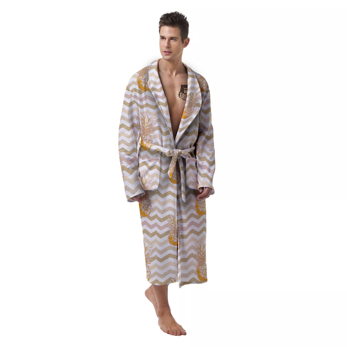 Pineapple Beige Zig Zag Print Pattern Men's Robe-grizzshop