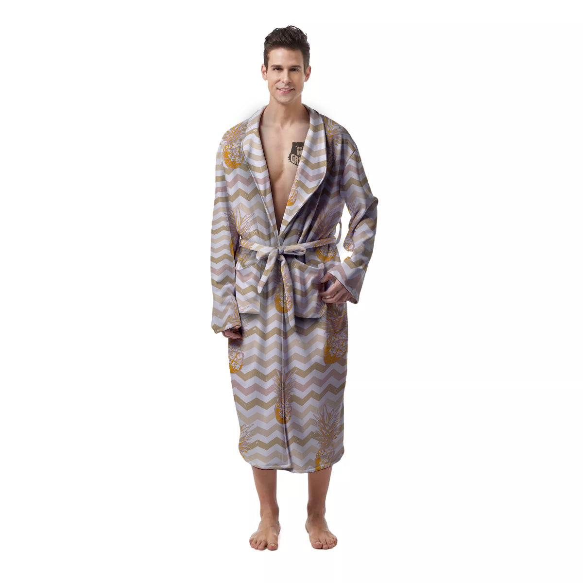 Pineapple Beige Zig Zag Print Pattern Men's Robe-grizzshop