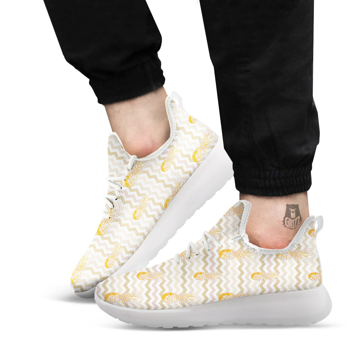 Pineapple Beige Zig Zag Print Pattern White Athletic Shoes-grizzshop