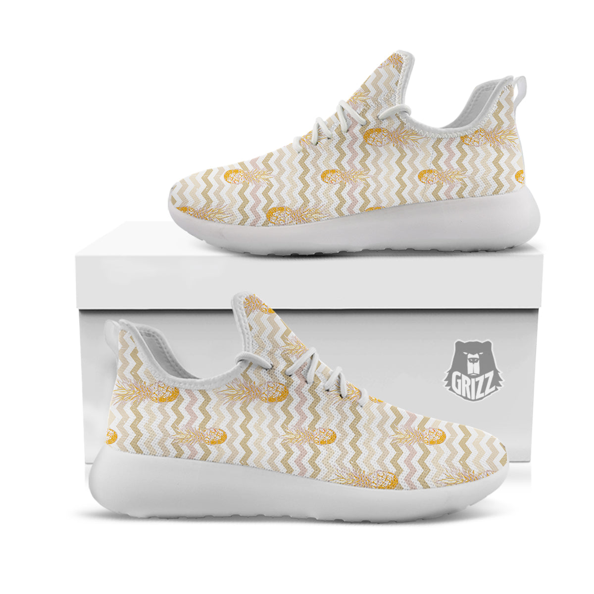 Pineapple Beige Zig Zag Print Pattern White Athletic Shoes-grizzshop