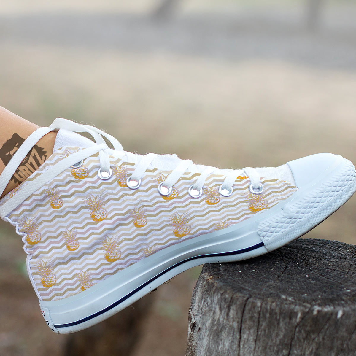 Pineapple Beige Zig Zag Print Pattern White High Top Shoes-grizzshop