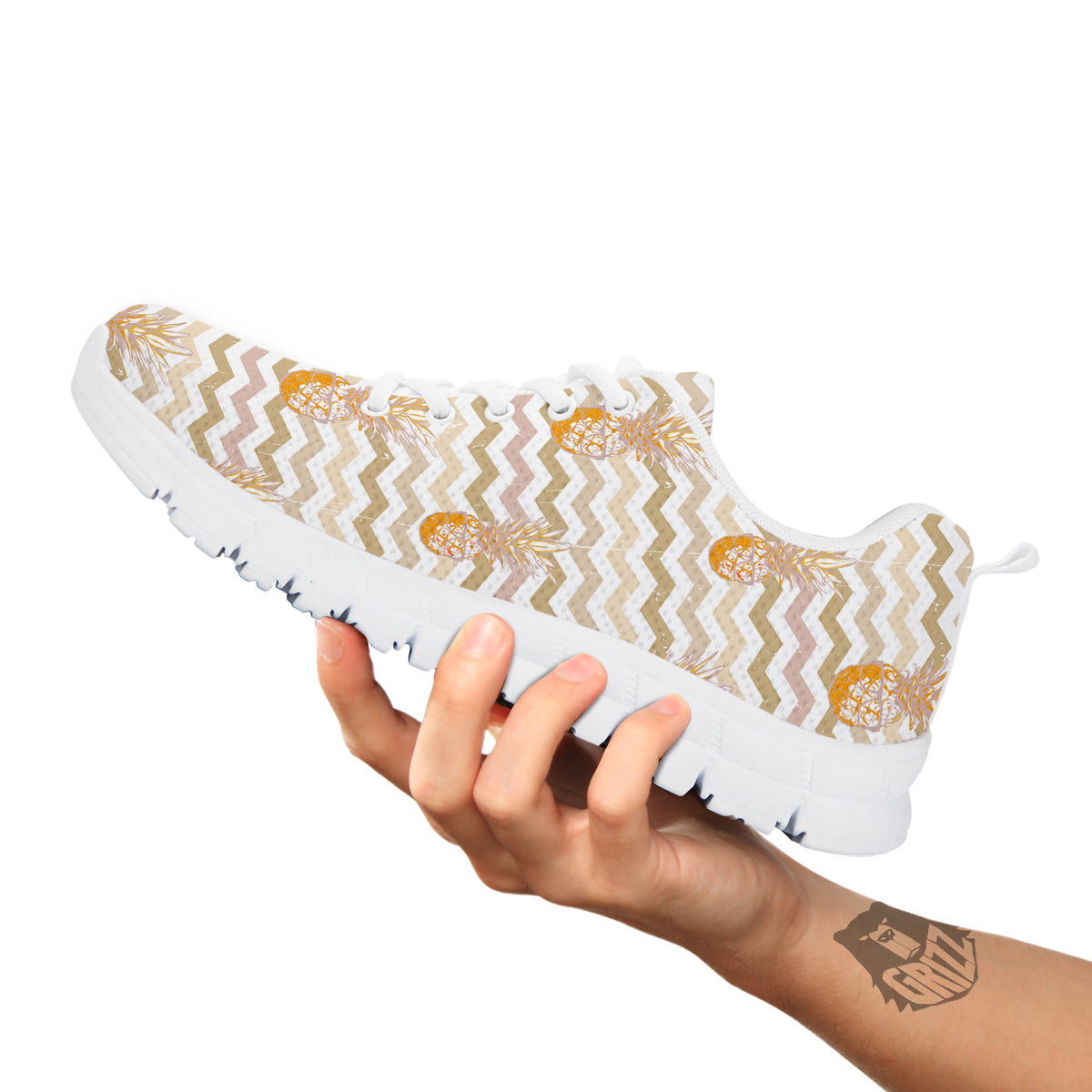 Pineapple Beige Zig Zag Print Pattern White Sneaker-grizzshop