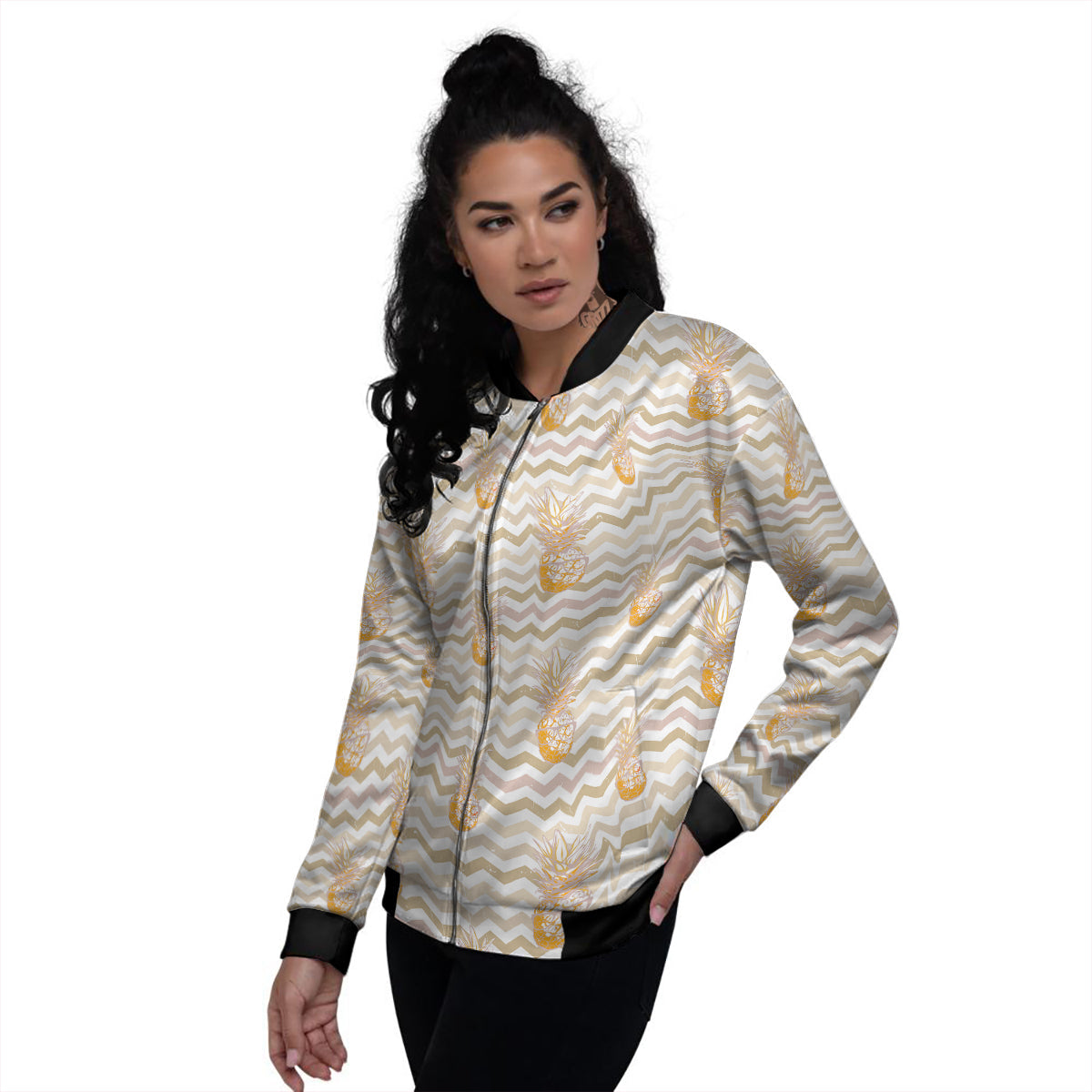 Pineapple Beige Zig Zag Print Pattern Women's Bomber Jacket-grizzshop