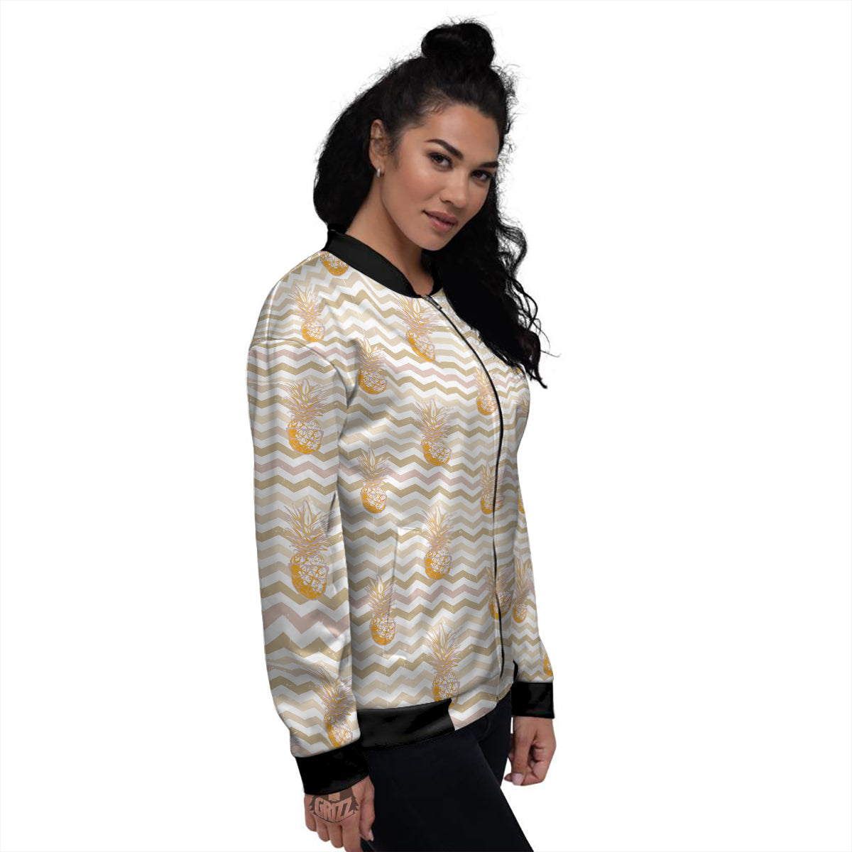 Pineapple Beige Zig Zag Print Pattern Women's Bomber Jacket-grizzshop