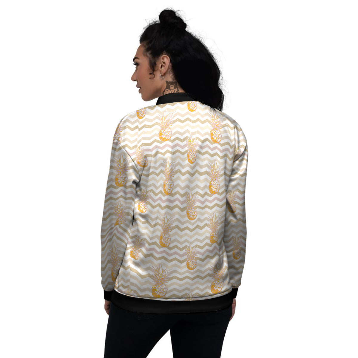 Pineapple Beige Zig Zag Print Pattern Women's Bomber Jacket-grizzshop