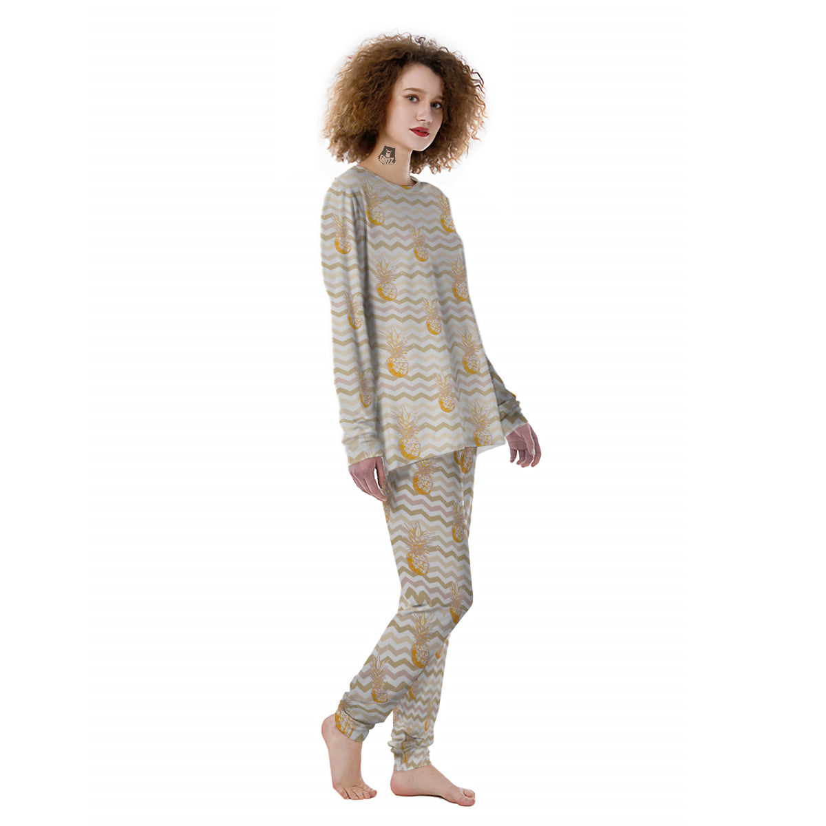 Pineapple Beige Zig Zag Print Pattern Women's Pajamas-grizzshop