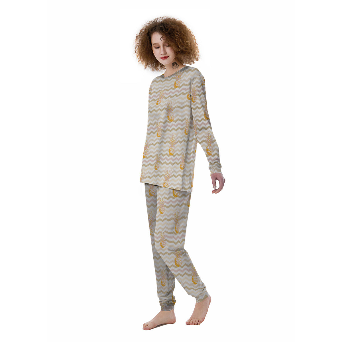 Pineapple Beige Zig Zag Print Pattern Women's Pajamas-grizzshop