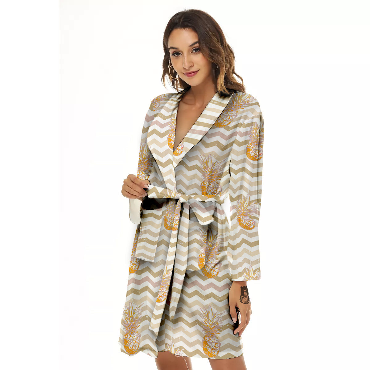 Pineapple Beige Zig Zag Print Pattern Women's Robe-grizzshop