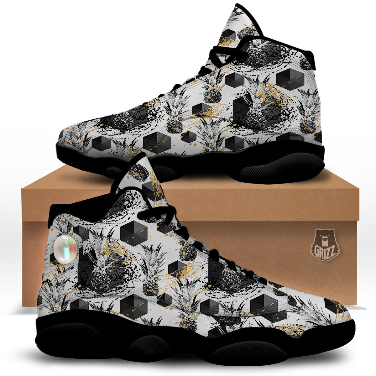 Pineapple Black Geometric Print Pattern Black Basketball Shoes-grizzshop