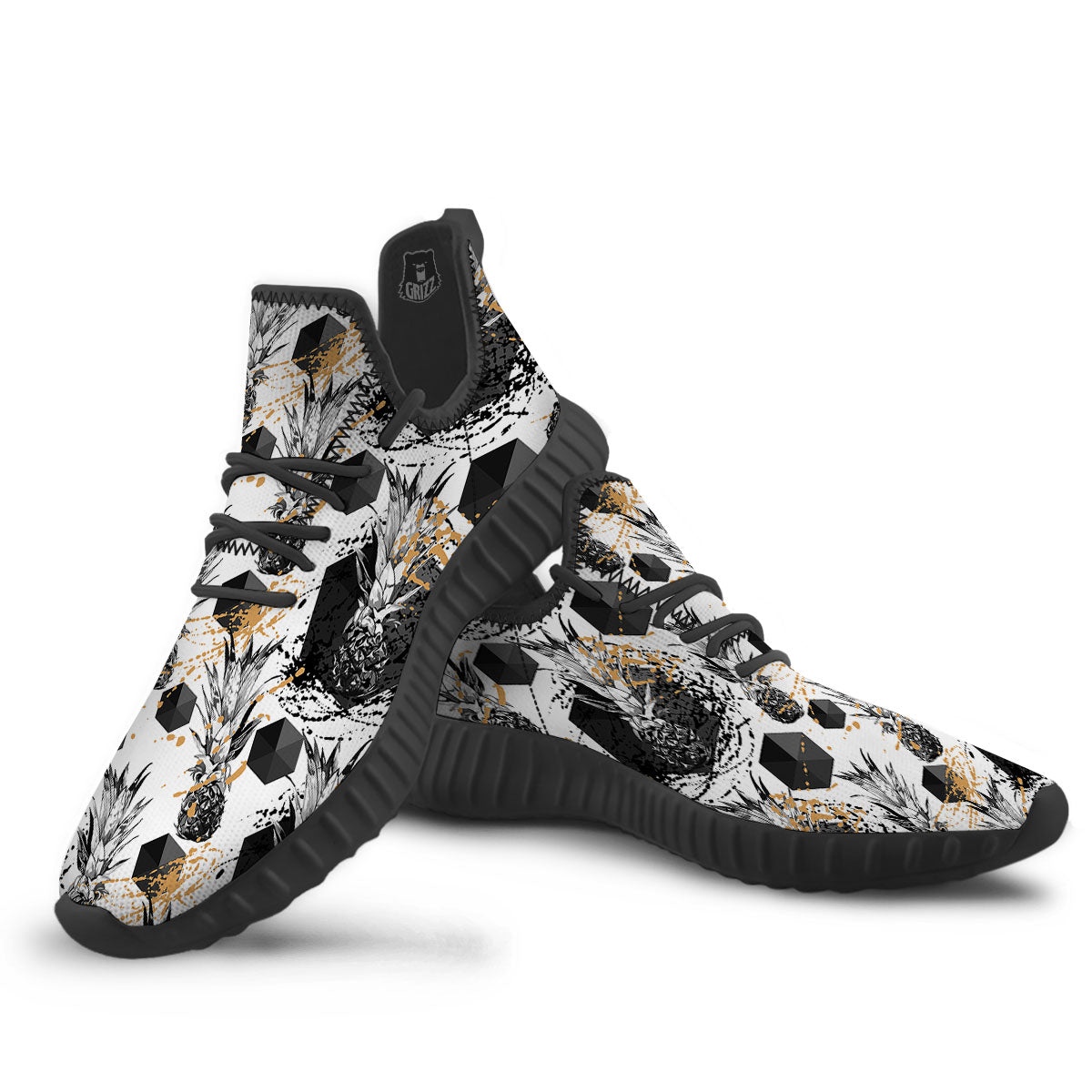 Pineapple Black Geometric Print Pattern Black Walking Shoes-grizzshop