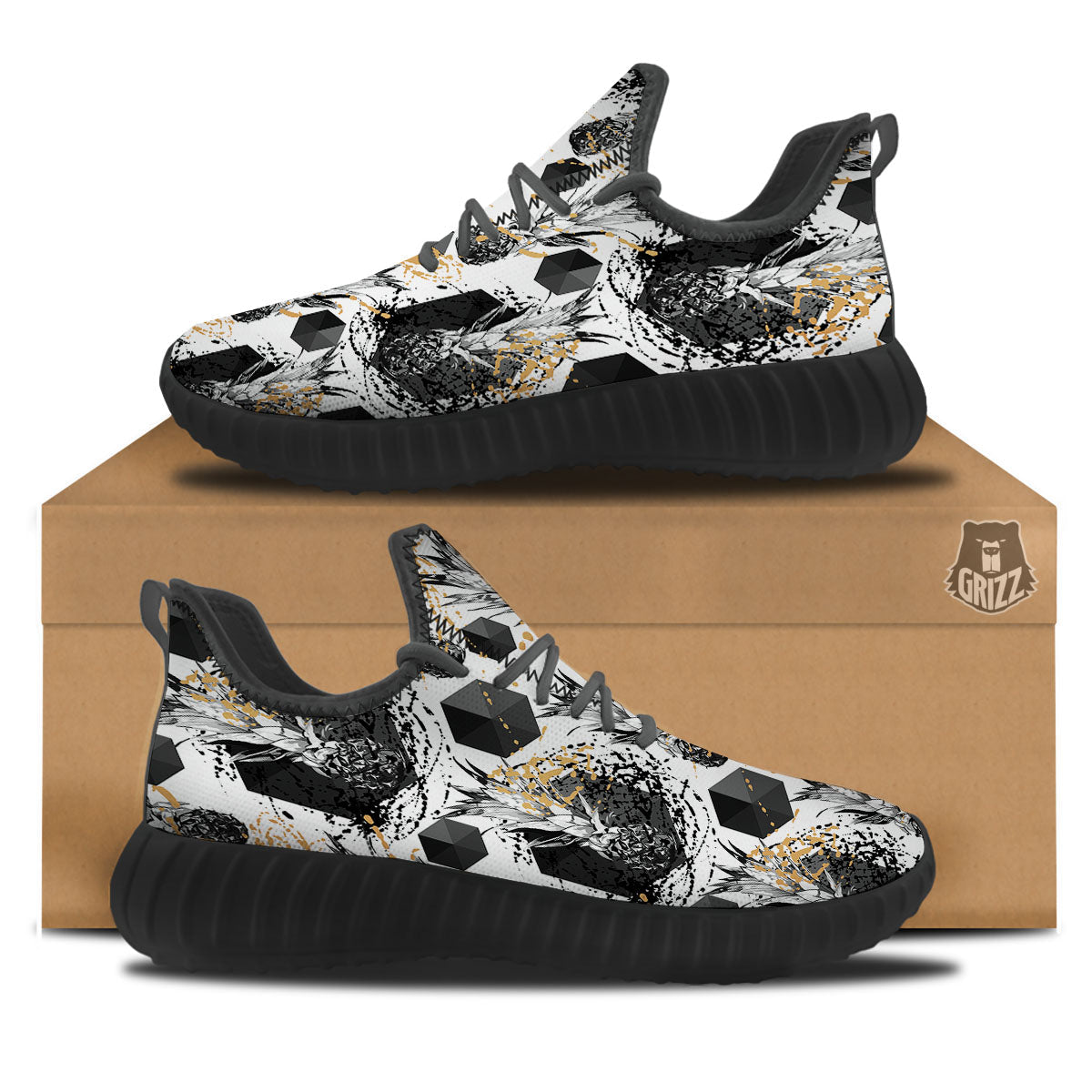 Pineapple Black Geometric Print Pattern Black Walking Shoes-grizzshop