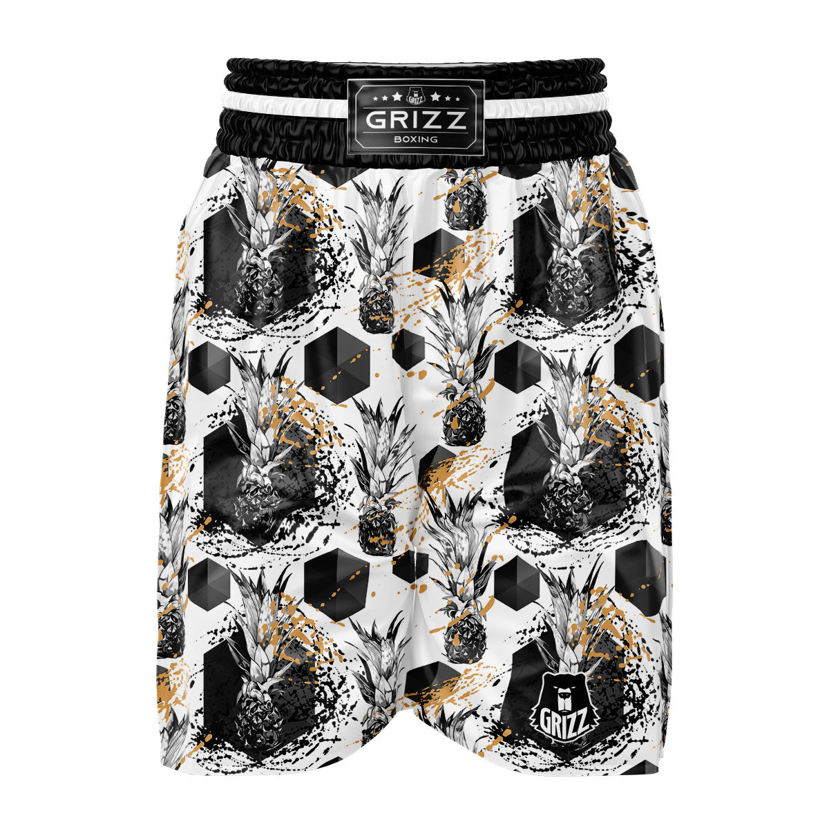 Pineapple Black Geometric Print Pattern Boxing Shorts-grizzshop
