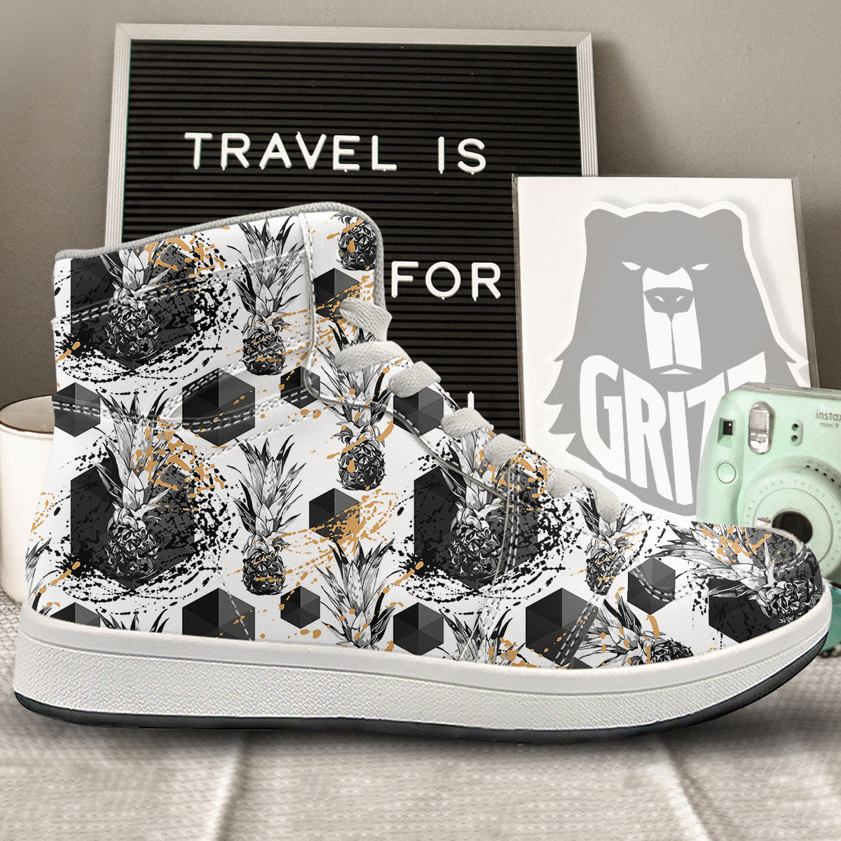 Pineapple Black Geometric Print Pattern High Top Sneakers-grizzshop