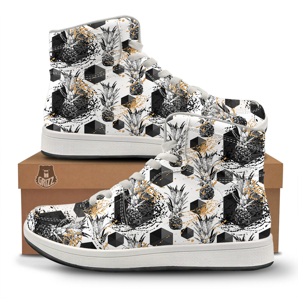 Pineapple Black Geometric Print Pattern High Top Sneakers-grizzshop