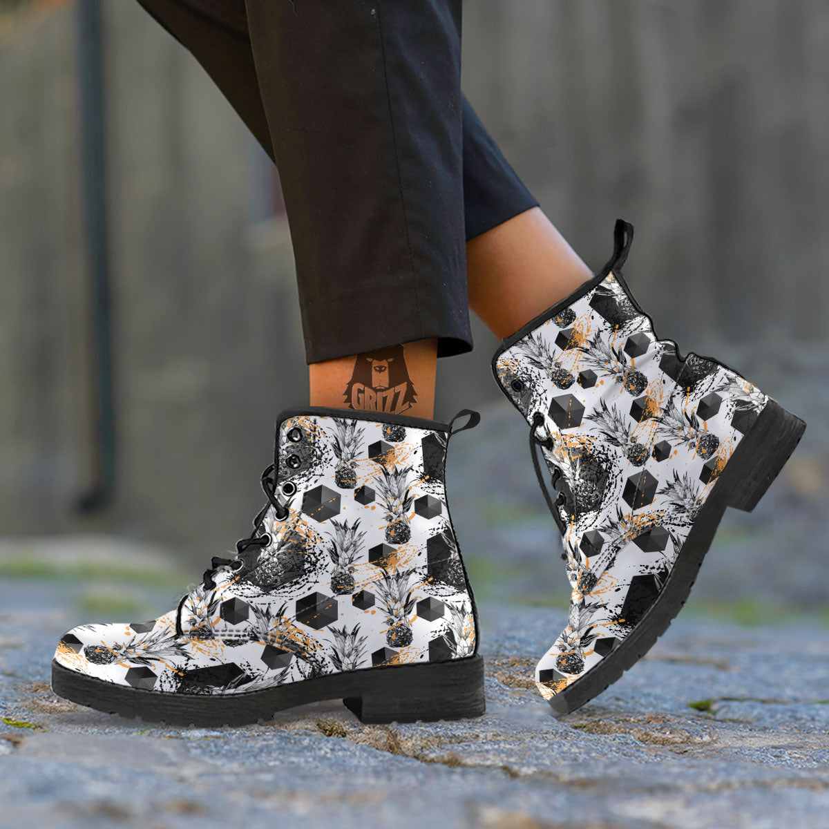Pineapple Black Geometric Print Pattern Leather Boots-grizzshop