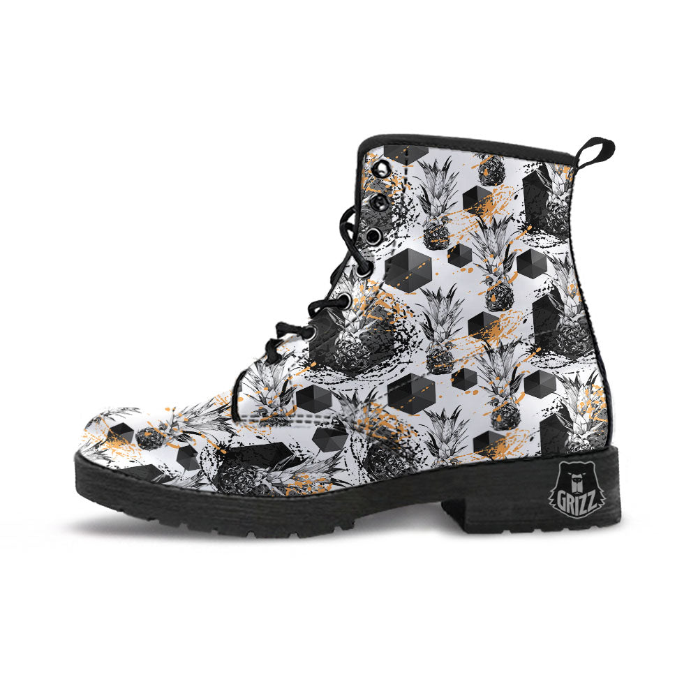 Pineapple Black Geometric Print Pattern Leather Boots-grizzshop