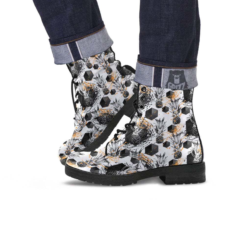 Pineapple Black Geometric Print Pattern Leather Boots-grizzshop