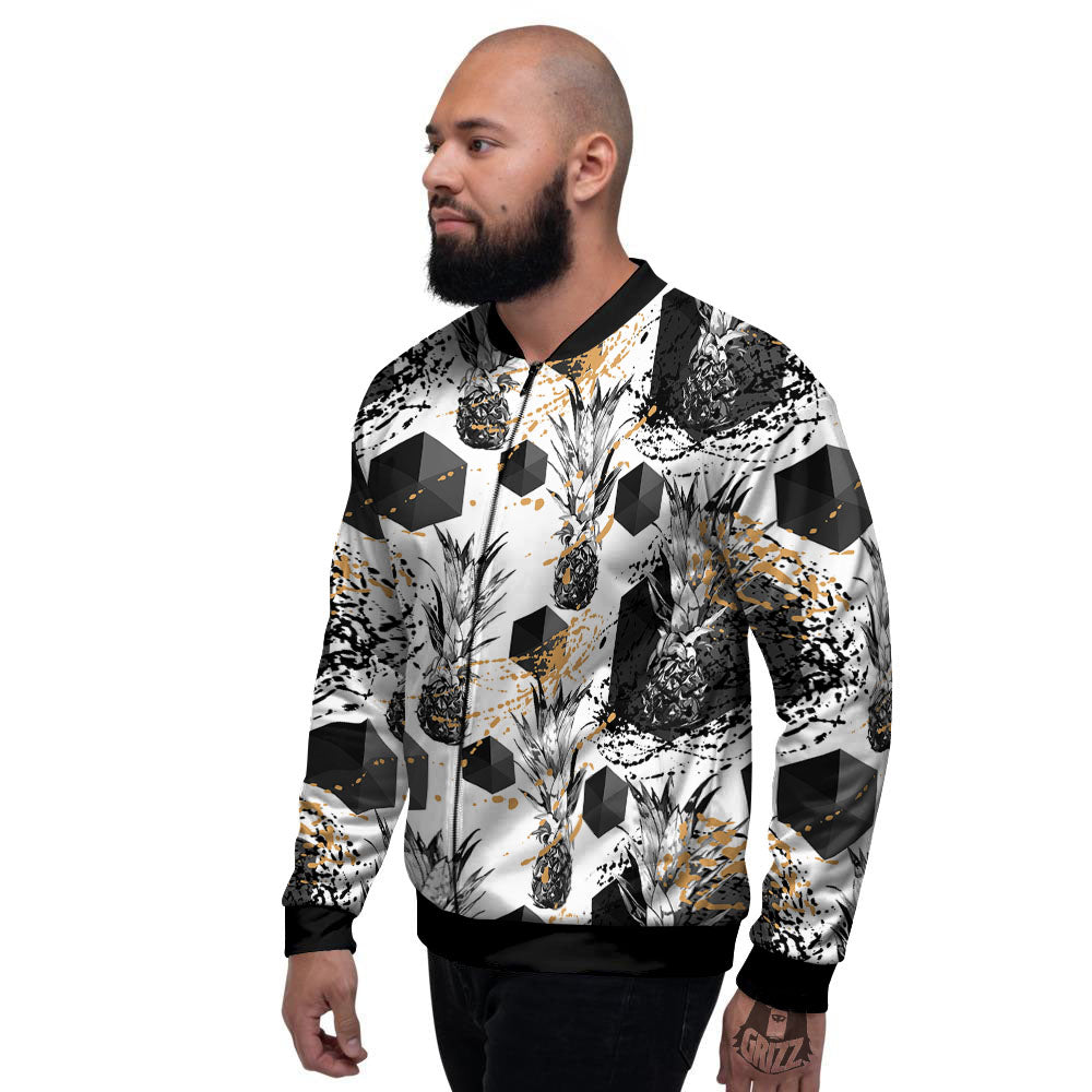 Pineapple Black Geometric Print Pattern Men's Bomber Jacket-grizzshop