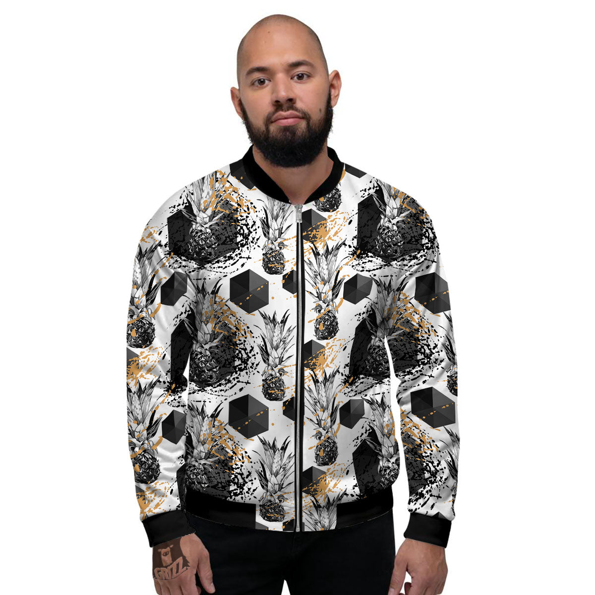 Pineapple Black Geometric Print Pattern Men's Bomber Jacket-grizzshop