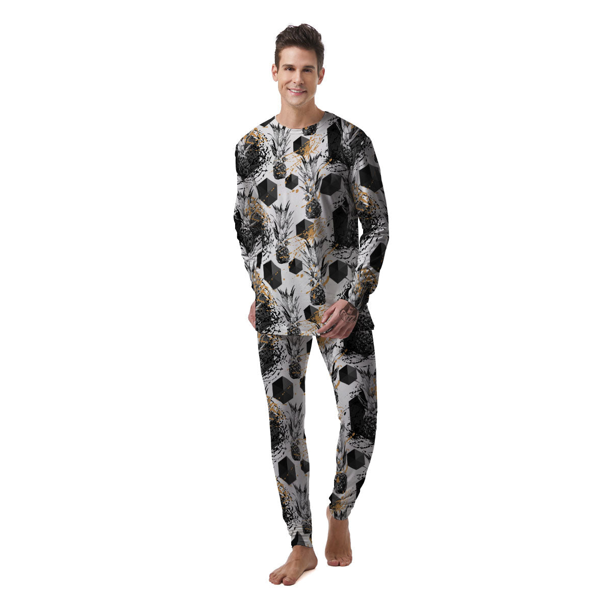 Pineapple Black Geometric Print Pattern Men's Pajamas-grizzshop