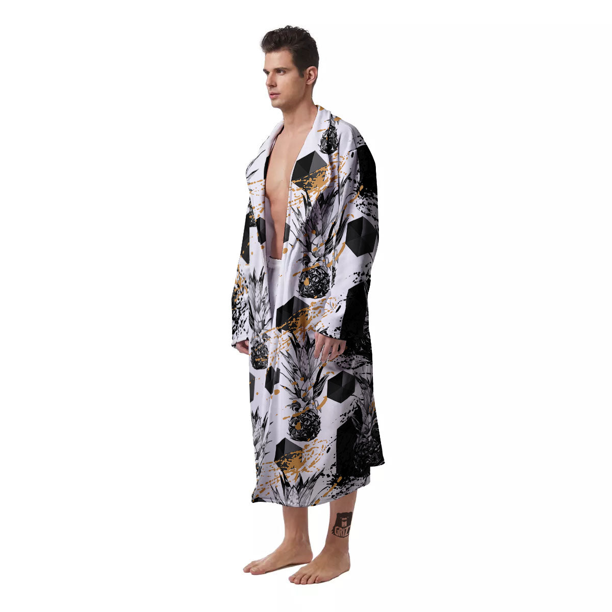 Pineapple Black Geometric Print Pattern Men's Robe-grizzshop