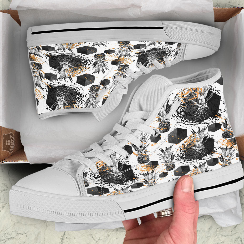 Pineapple Black Geometric Print Pattern White High Top Shoes-grizzshop