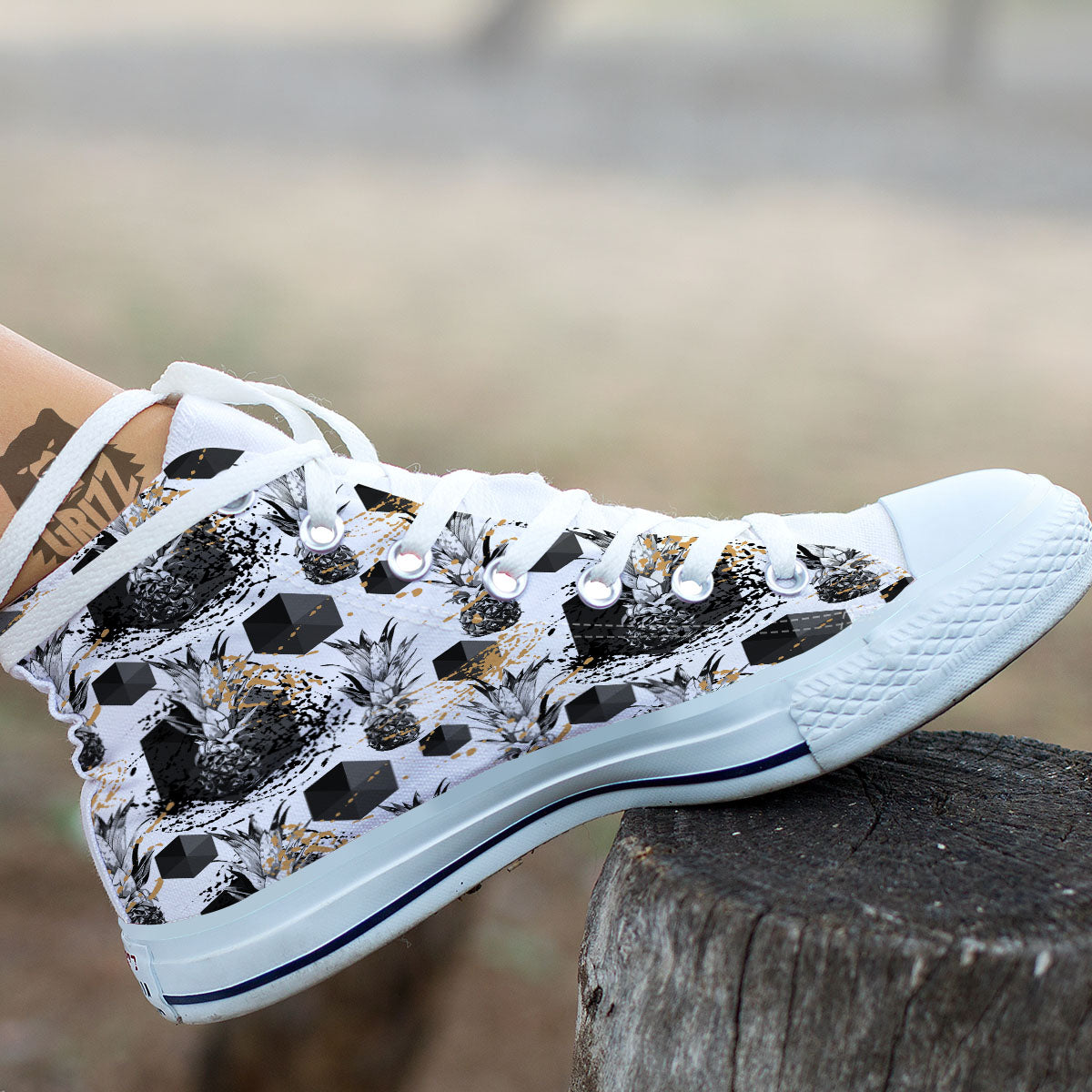 Pineapple Black Geometric Print Pattern White High Top Shoes-grizzshop